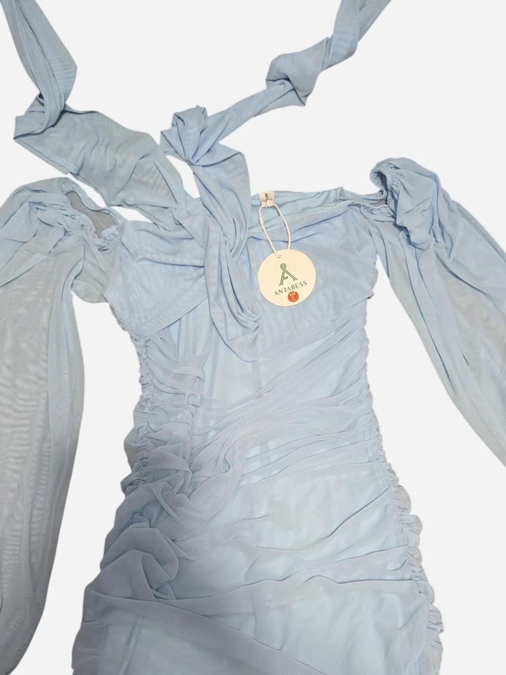 AnzaDress Light Blue Ruched Long Sleeve Off-Shoulder Dress